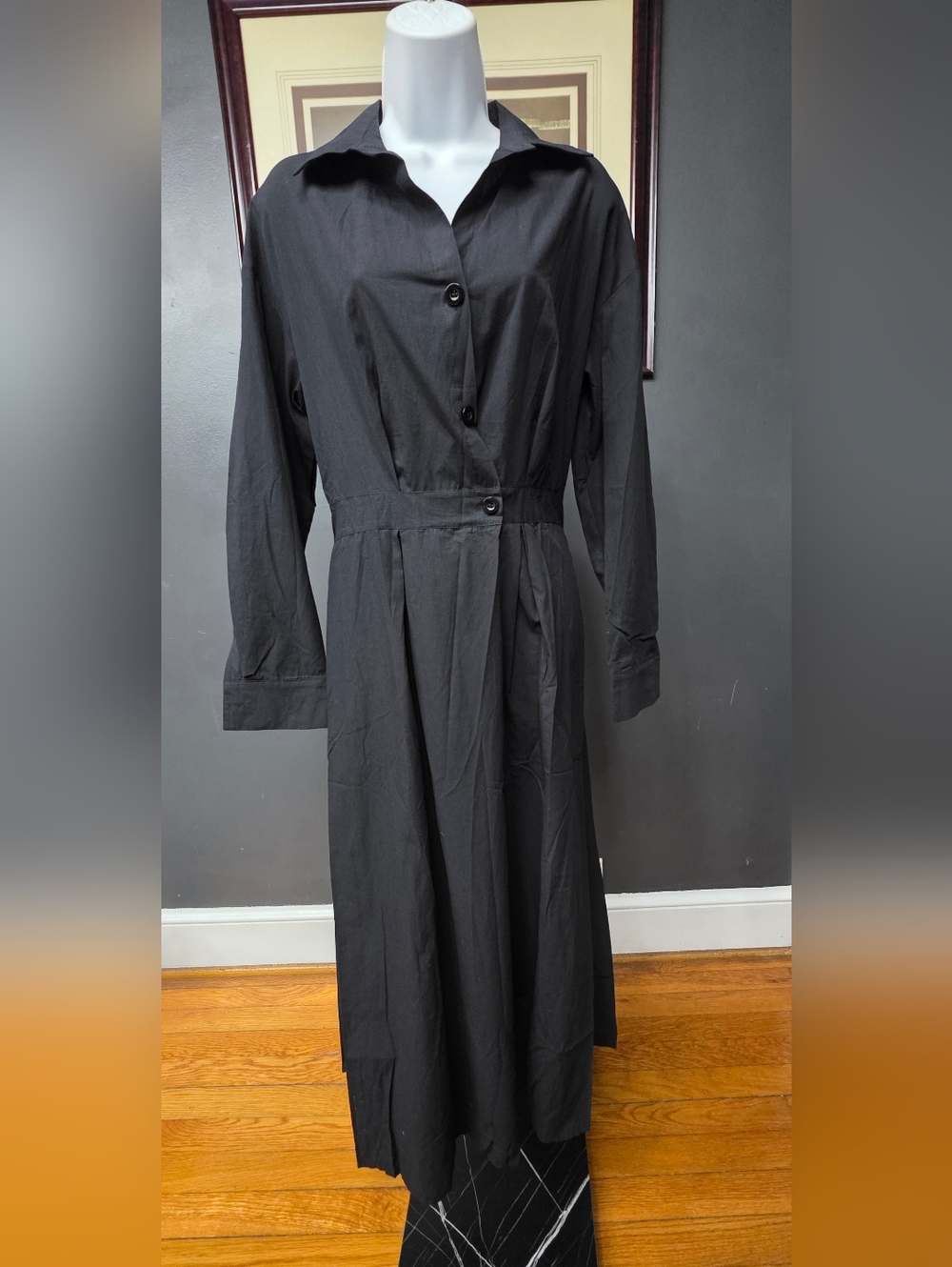 Women's Black Long Sleeve Button-Front Midi Dress